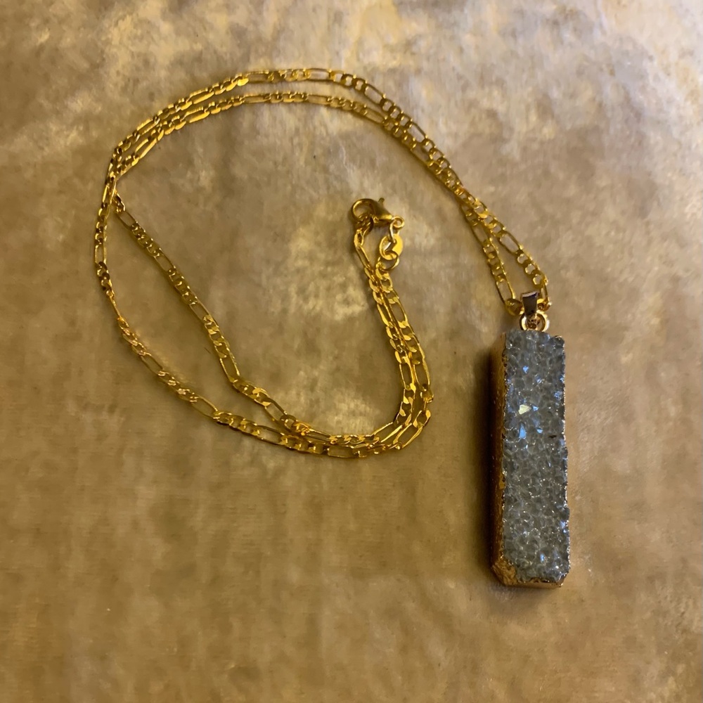 Genuine Gray Druzy Bar Pendant & Gold Necklace
